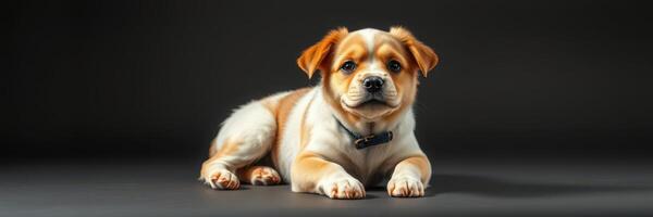 Cute small dog lies calmly on a dark background, displaying a relaxed and friendly demeanor during a photoshoot photo