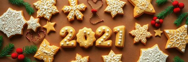 Decoratively iced cookies shaped as snowflakes, stars, and numbers on a brown surface for a festive celebration in winter photo