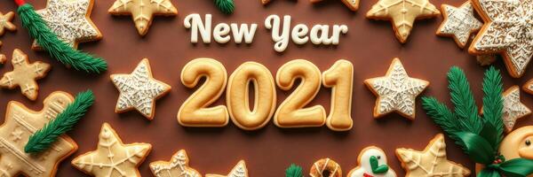Festive cookies and decorations celebrating New Year 2021 with holiday themes and vibrant colors photo