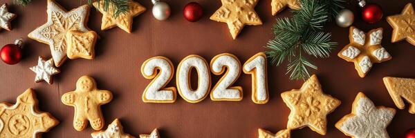 Decorative holiday cookies arranged on a table with 2021 as the centerpiece among festive ornaments photo