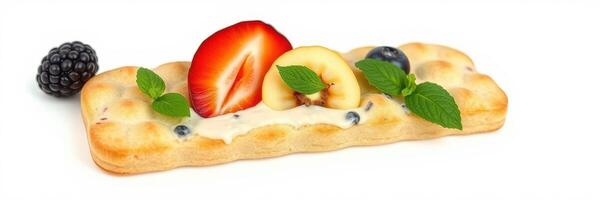 Delicious dessert topped with fresh fruits and mint leaves served on a light background photo