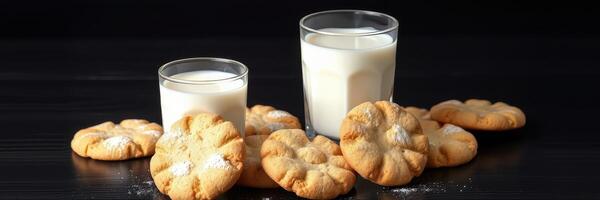 Delicious cookies arranged with glasses of milk on a dark wooden table in a cozy kitchen setting photo