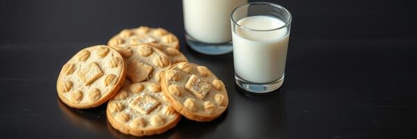Enjoying fresh cookies and cold milk on a black table photo