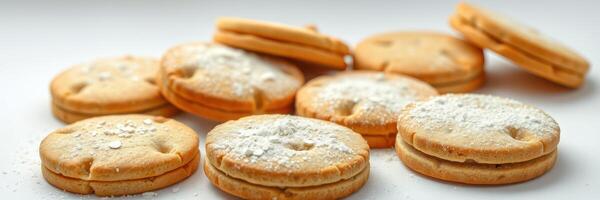 delicioso redondo galletas espolvoreado con en polvo azúcar arreglado pulcramente en un blanco superficie foto