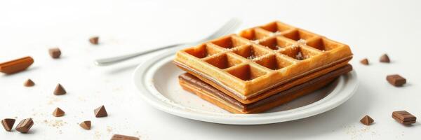 Delicious waffles served on a plate with chocolate pieces sprinkled around during a cozy breakfast time photo