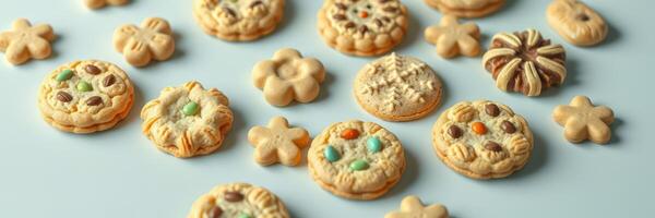 Delicious assortment of decorative cookies on a light blue background ready for a festive gathering photo