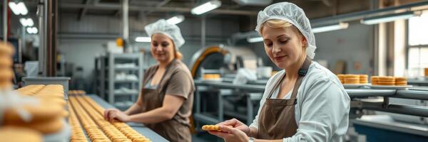 Workers expertly crafting pastries in a bustling bakery during the morning hours in a modern facility photo