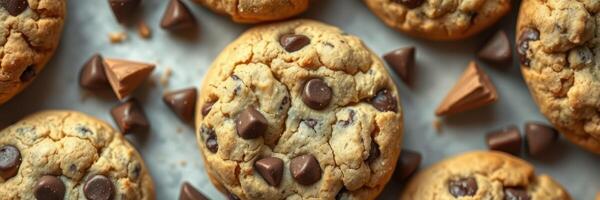 Freshly baked chocolate chip cookies arranged with chocolate pieces on a baking tray photo