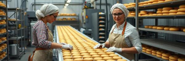 Workers in a cheese factory carefully arranging fresh rounds of cheese on a production line during daylight hours photo