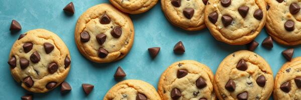 Freshly baked chocolate chip cookies arranged on a turquoise surface with chocolate chips scattered around photo