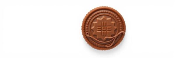 Delicious chocolate cookie with intricate design on a white background showcasing its texture and details photo