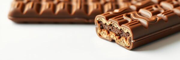 Delicious chocolate bar with a creamy filling and crunchy bits captured on a clean surface photo