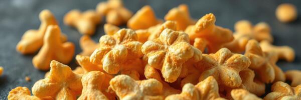Crunchy popcorn snacks in fun shapes piled on a dark surface ready for sharing and enjoying at a gathering photo