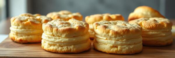 Golden biscuits arranged neatly on a wooden board showcasing their fluffy texture and inviting appearance photo