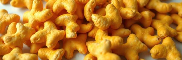 Colorful cheese snacks arranged in a playful pattern on a white surface during a casual gathering photo