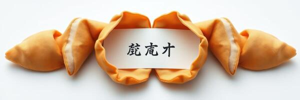 Unique decorative arrangement featuring a fortune cookie with elegant design and handwritten message placed on a plain background photo