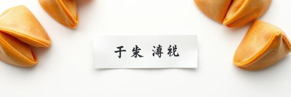 Delightful fortune cookies arranged around a Chinese phrase on a plain surface in a cozy setting photo
