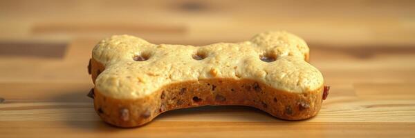 Homemade dog treat shaped like a bone on a wooden surface with natural lighting photo