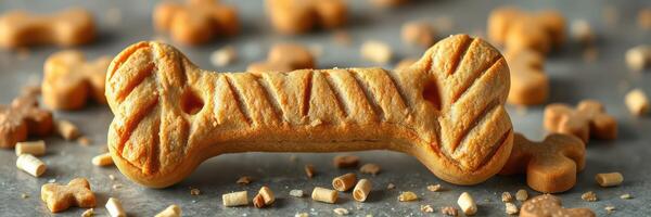 Delicious baked dog bone treats surrounded by scattered snack pieces on a grey surface photo