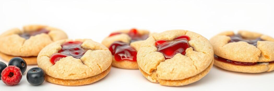 Delicious homemade cookies filled with raspberry and blueberry jam arranged on a white background photo