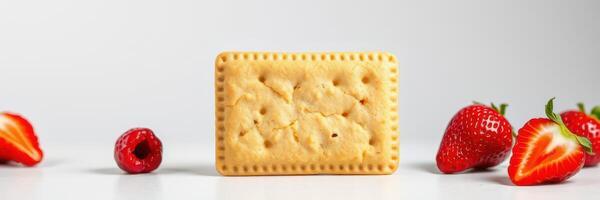 Delicious shortbread cookie surrounded by fresh strawberries and raspberries on a clean white backdrop photo