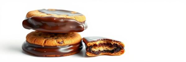 Delicious chocolate-coated cookies stacked with one half-bite revealing rich filling photo
