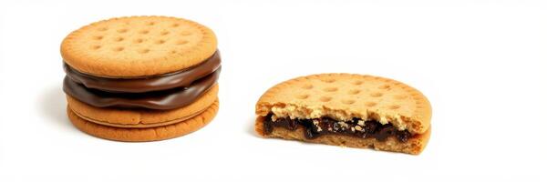 Two chocolate cream filled cookies with one cookie split in half displaying the creamy interior on a white background photo