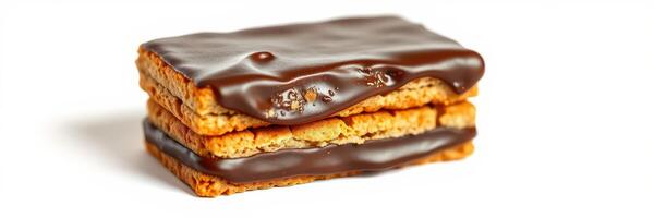 Delicious chocolate-covered biscuit stack with crispy layers and rich texture enjoyed as a sweet treat photo