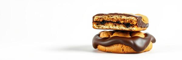 Cookies with chocolate coating stacked, showing delicious filling and tempting texture during a bright daylight setting photo