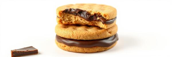 Delicious chocolate-filled cookies stacked on a white background ready to be enjoyed during snack time photo