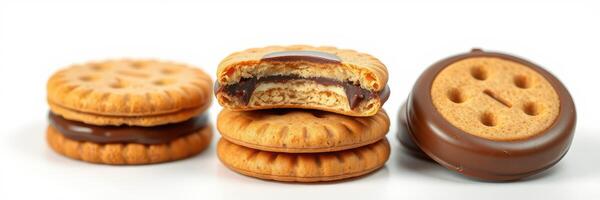 Delicious chocolate-filled cookies stacked thoughtfully on a clean white surface photo