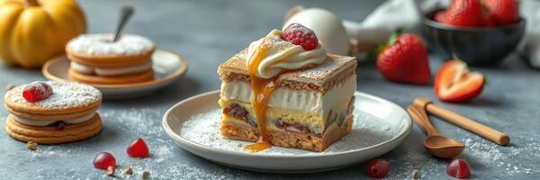 Dessert platter featuring layered pastry, fresh fruit, and rich toppings served on a rustic table photo
