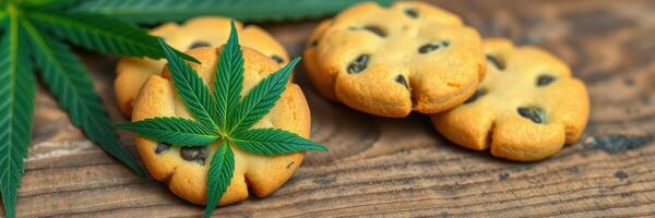 Delicious cannabis-infused cookies arranged on a wooden surface with a green leaf accent photo