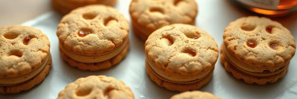 Delicious homemade cookies with caramel filling arranged neatly on a serving platter in a cozy kitchen setting photo