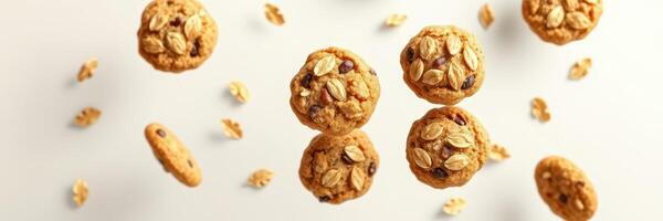 Cookies with oats and chocolate chips floating in air against a plain background photo