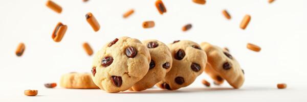 Delicious homemade chocolate chip cookies with falling sprinkles against a light background photo
