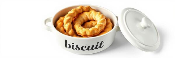 Delicious homemade biscuits served in a stylish white dish with a lid on an elegant kitchen countertop photo