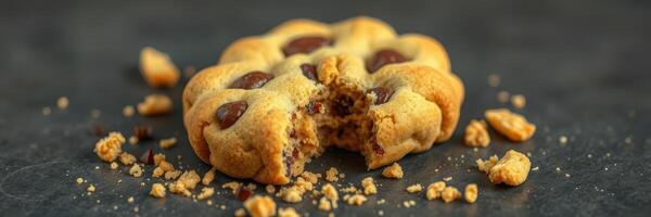 Freshly baked chocolate chip cookie with crumbs scattered on a dark surface photo
