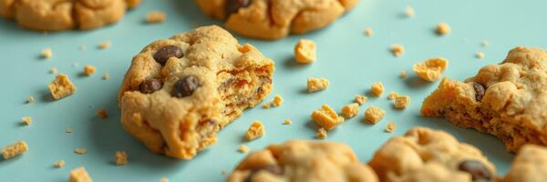 Homemade cookies with chocolate chips and crumbs on a light blue surface showcasing delicious textures and flavors photo