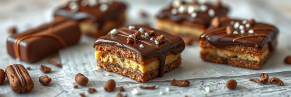 Delicious chocolate-coated desserts with layers of cream and cookies on a rustic surface photo