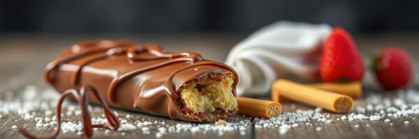 Chocolate-coated dessert bar with strawberries and crunchy sticks on a wooden surface photo