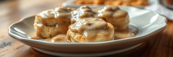 Delicious biscuits topped with creamy gravy served on a white plate in a cozy diner setting photo