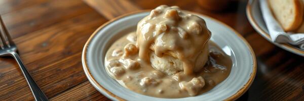 Delicious biscuit served with savory gravy in a cozy dining setting during breakfast photo