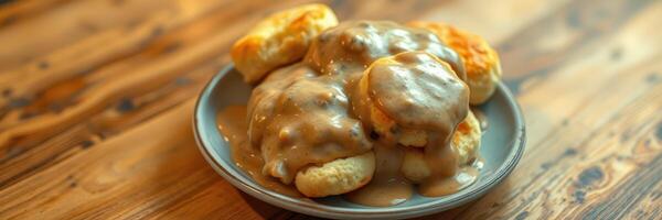 Delicious biscuits smothered in creamy sausage gravy served on a rustic wooden table photo