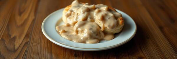 Delicious biscuits smothered in creamy sausage gravy served on a white plate photo