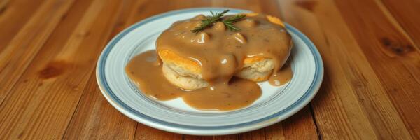 Savory biscuits topped with rich gravy and herbs served on a rustic wooden table photo