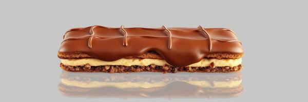 Delicious chocolate and cream dessert with a glossy finish on a reflective surface photo