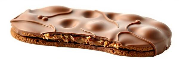 Chocolate-covered biscuit with caramel filling on a simple background photo