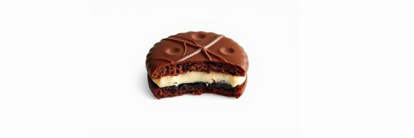 Delicious chocolate cookie with cream filling, showcasing a bite taken from the treat photo