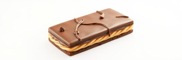 Delicious chocolate bar with creamy filling and decorative drizzles presented on a clean white background in a well-lit setting photo